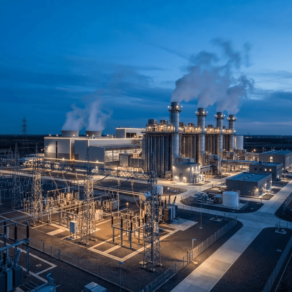 Combined-cycle gas turbine power plant at blue hour with switchyard and transmission gantries