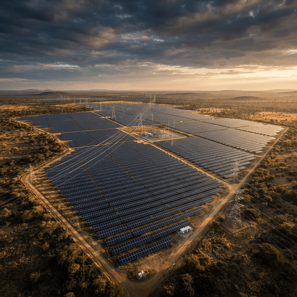 Utility-scale solar farm and high-voltage transmission network at golden hour